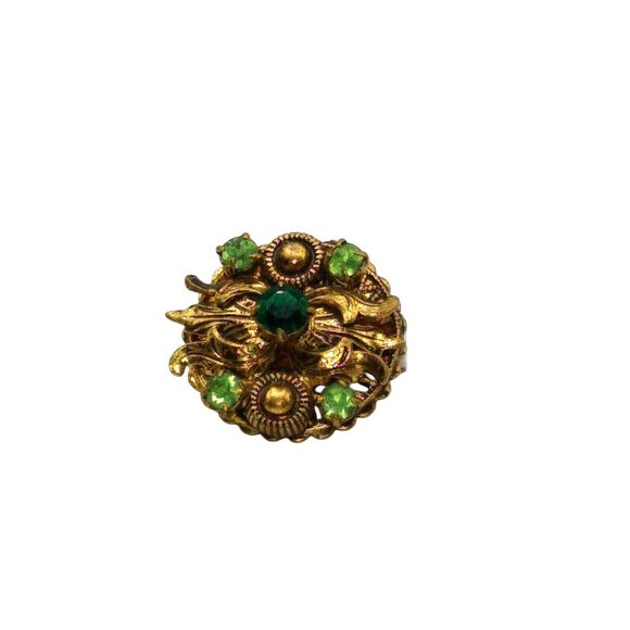 Vintage Ornate Brass Brooch with Emerald and Mint Green Crystals, Elegant Victor - Picture 2 of 3